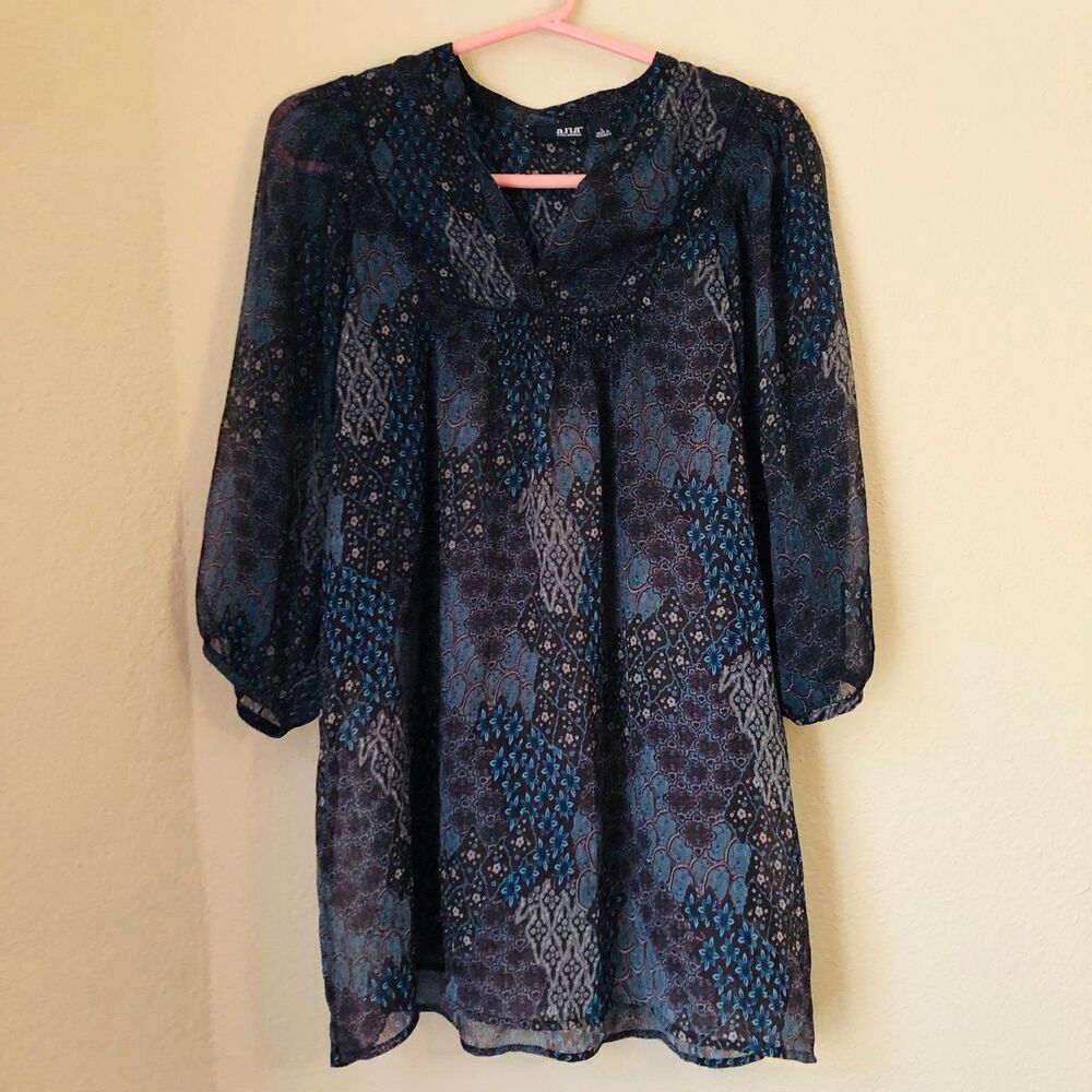 Ana A New Approach Sheer Top Womens Large 3/4 Puffy Sleeve Patchwork Style Moody